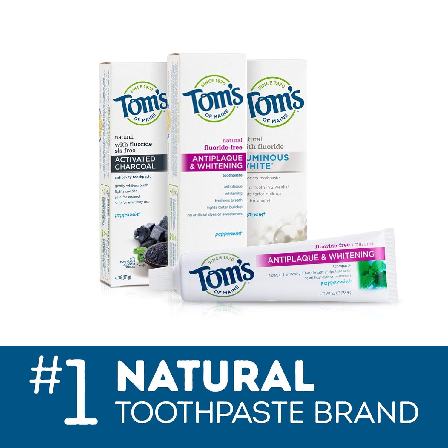 Tom's of Maine Fluoride-Free Antiplaque & Whitening Toothpaste, Whitening Toothpaste, Natural Toothpaste, Peppermint, 5.5 Ounce, 2-Pack : Beauty