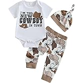 Kayotuas Newborn Baby Boy Cowboy Outfit Country Western Romper Shirt and Cowboy Boot Pants with Hat 3 Pcs Coming Home Outfit
