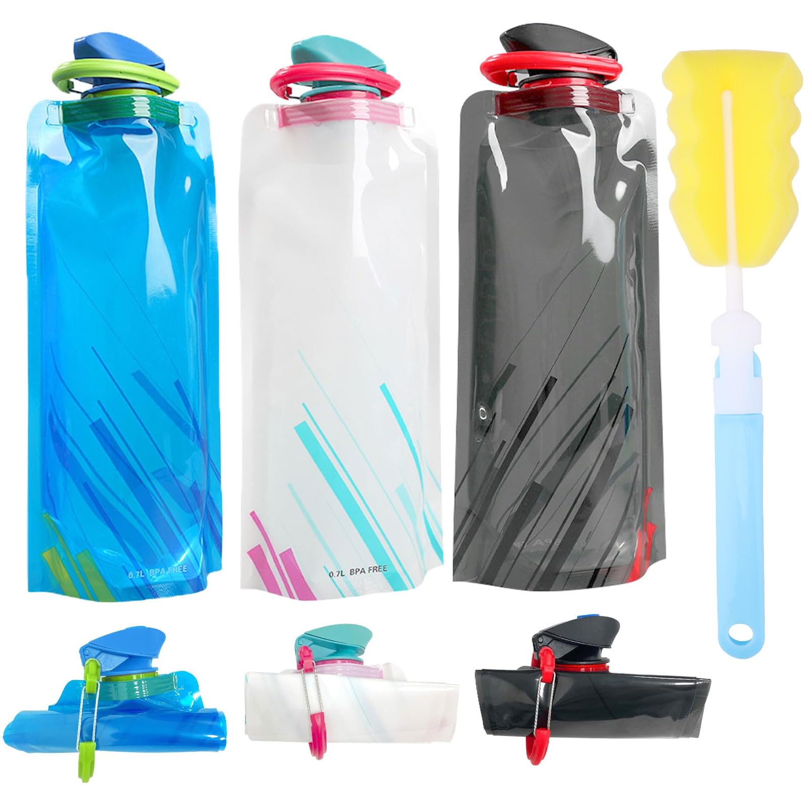 TAKUZA Foldable Drinking Bottle, Pack of 3, Unisex Adult 700 ml Drinking Bottle, Foldable, Festival Drinking Bottle, Foldable Water Bottle, Reusable, with Removable Cleaning Brush, for Festival,