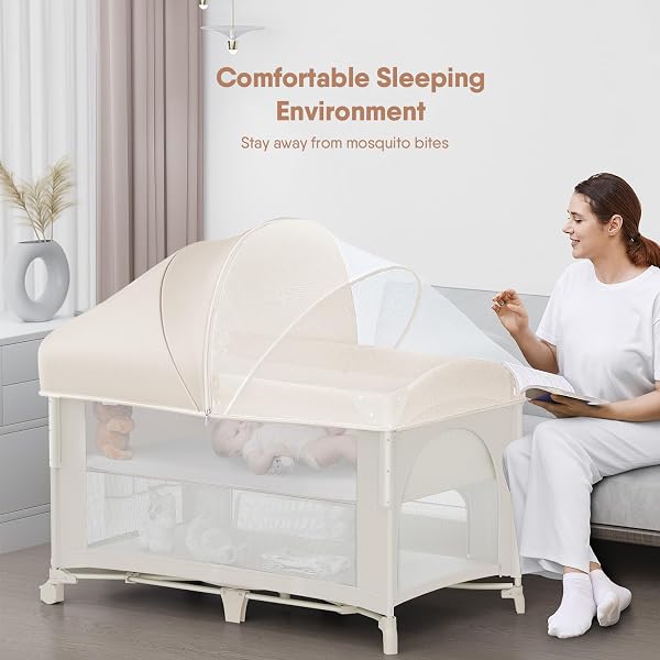 OBEE ODEE 4 IN 1 BABY BASSINET, PACK AND PLAY, BEDSIDE CRIB SLEEPER, DIAPER CHANGER – COMES WITH MATTRESS, MOSQUITO NET, BOTTOM STORAGE AND TOY BAR FOR NEWBORN TO TODDLES