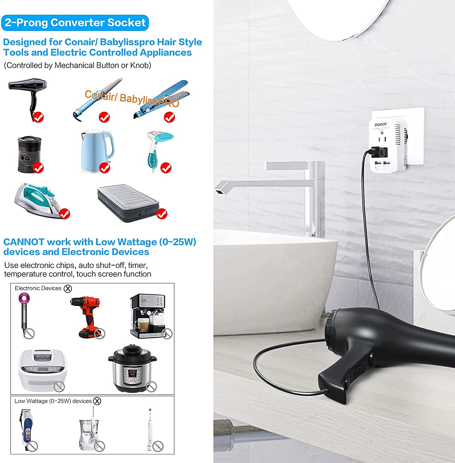 Upgraded 2000W 220V to 110V Converter for European Travel, Voltage Converter US to Europe for Hair Dryer Straightener Curling Iron, 2300W Adapter with EU/UK/AU/US Plugs for Laptop Camera Cell Phone