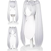 Half and Half Frieren Cosplay Costume Wig 27'' Silver White Anime Ponytail Wigs with Bangs Light Gray Twin Tails Wig for Women Halloween Party