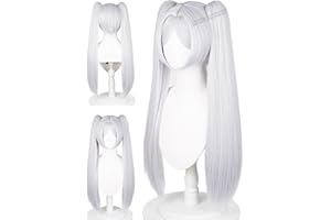 Frieren Cosplay Costume Wig Long Silver White Anime Ponytail Wig with Bangs 27'' Light Gray Twin Tails Wigs for Women Hallowe