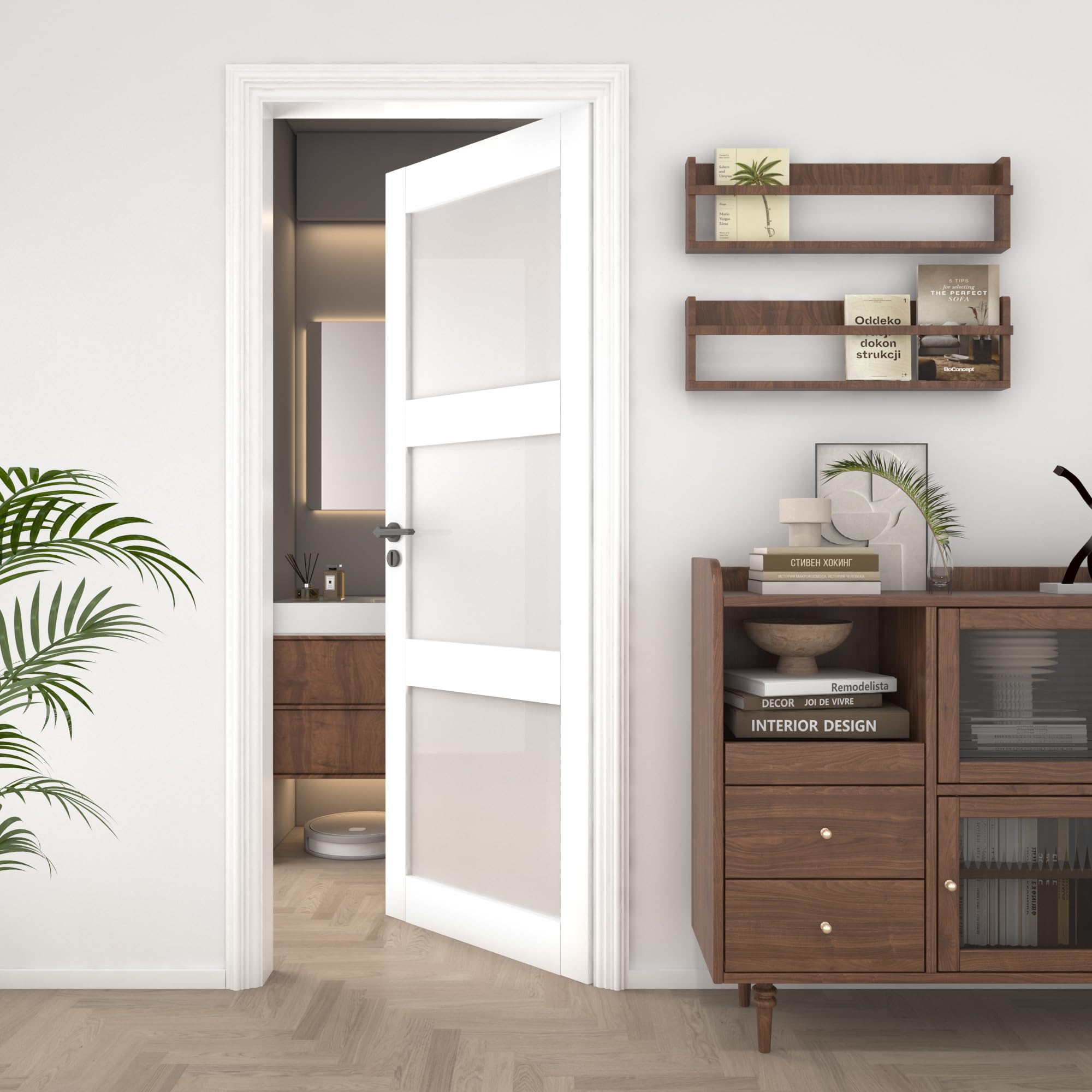 Photo 1 of OHTOMO 24"x 80" Slab Door, 3-Lite Frosted Glass Interior French Door Slab, Solid Core Wood Panel, for Pantry Laundry Bathroom Closet Office, White Primed Surface Paintable w/o Hardware