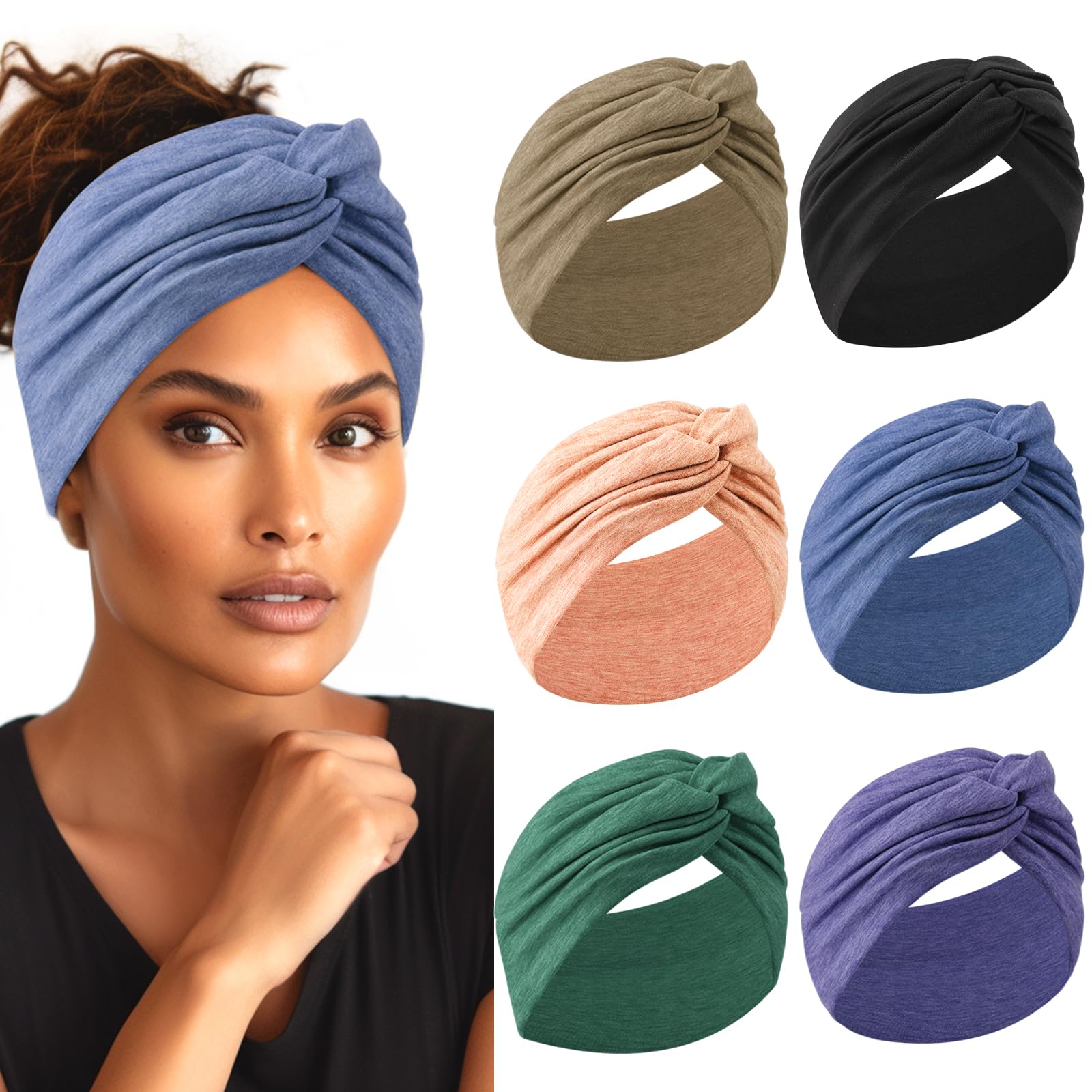 Photo 1 of HAUHC Extra Wide Headbands for Women, 7'' Large Cotton Like Turban Knotted Bandana Head Bands for Women Non Slip, Boho Headbands for Women's Hair (C1-6Pcs, Extra Large 7" Wide)