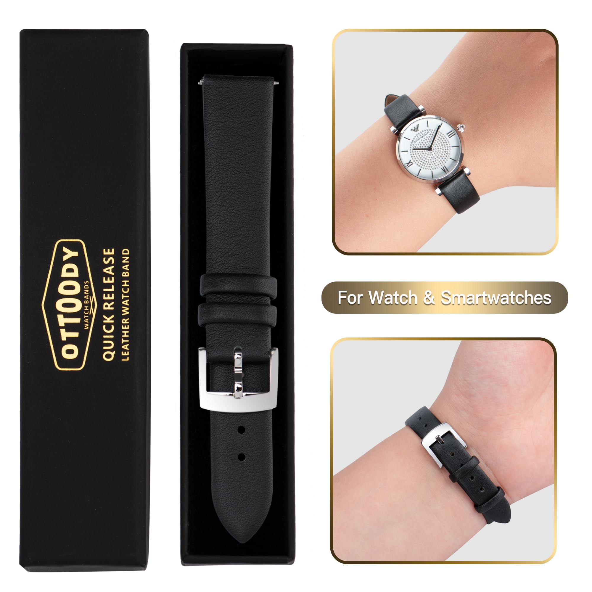 OTTOODY Leather Watch Bands Quick Release Watch Straps, Elegant & Ultra-Soft Top Grain Leather Watch Band for Women Men, Choice of Color & Width - 12mm 14mm 16mm 18mm 20mm 22mm for Watch & Smartwatch