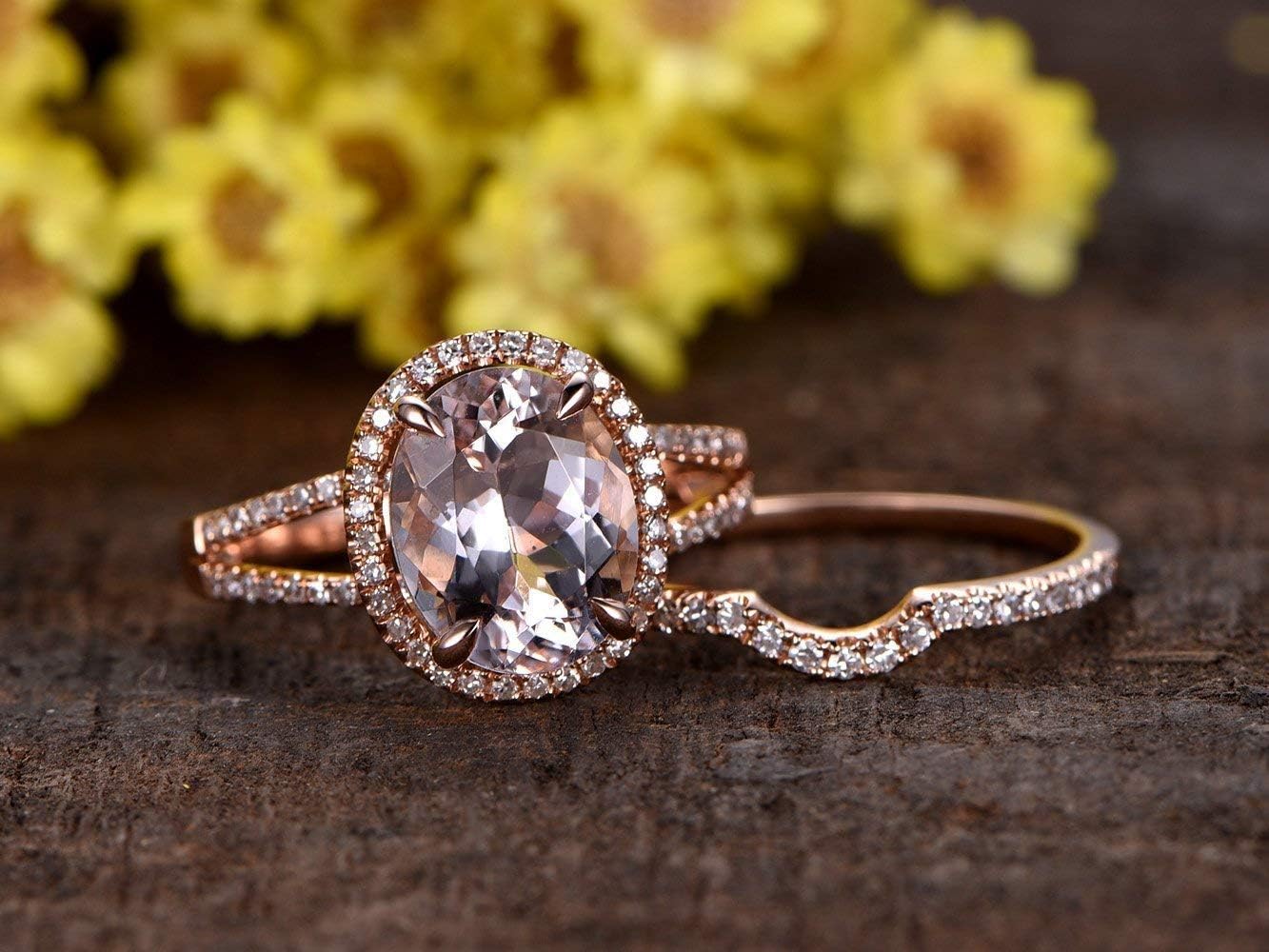 2pcs Wedding Band Set,6x8mm Oval Cut 1.30ct VS Natural Pink Morganite Solid 14k Rose Gold 4 Claw Prong Split Shank Halo Engagement Ring Half Eternity Curved Stacking Matching Bridal Band Sets