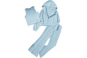 Floerns Girls Long Sleeve Hoodie Tank Split Flare Pants Set Three Piece Outfit