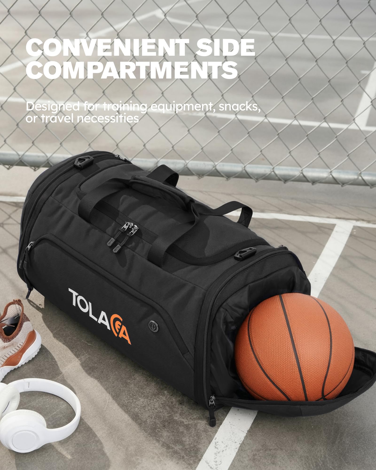 Tolaccea Sporttasche 56–70L für Herren & Damen– Erweiterbare Reisetasche mit Schuhfach & Nassfach, als Rucksack tragbar, für Fitness, Gym, Schwimmen, Fußball, Reisen (Schwarz) 7