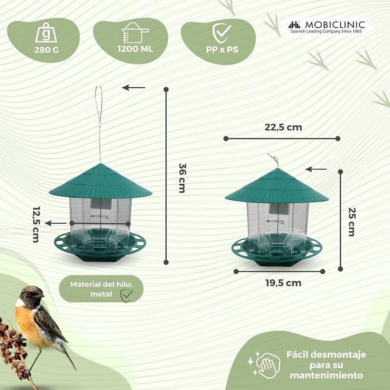 ®, Comedero Colgante para Pájaros, Exterior, Capacidad 1.2L, Balcón y jardín, Educación al Aire Libre, Pico, Alimentación de Aves, Elemento Decorativo