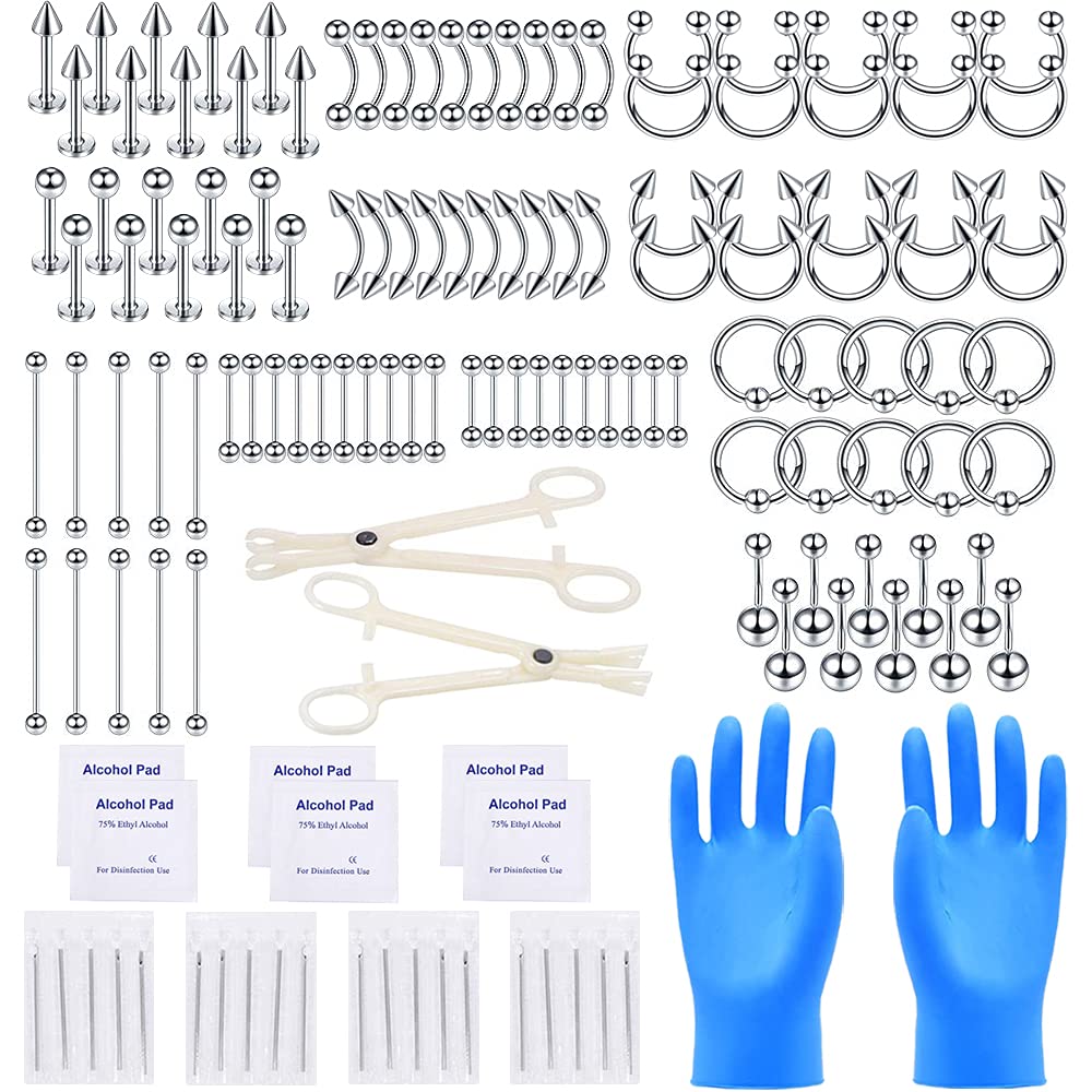 PunkTracker 140Pcs Professional Ear Piercing Kit 14G 16G Stainless Steel Nose Piercing Kit Piercing Needles Nose Daith Eyebrow Lip Cartilage Tragus Helix Ear Piercing Belly Piercing Set