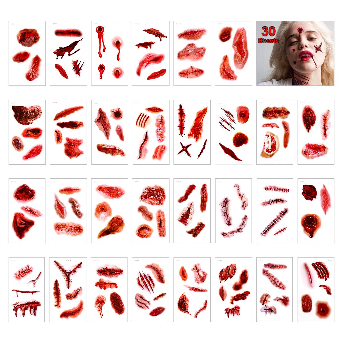 FRCOLOR 30 Sheets Halloween Narben Zombie Scar Wounds Stickers Temporary Body Art Fake Skin Scar Tattoo
