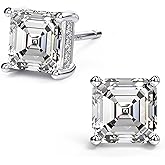 18K White Gold Plated Sterling Silver Asscher Cut Cubic Zirconia Stud Earrings for Women Men | Square CZ Stud Earrings Simulated Diamond Earrings Studs
