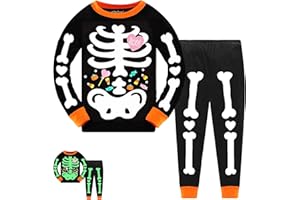 Tkria Kids Pajamas for Boys Skeleton Glow-in-The-Dark Cotton Sleepwear Toddler Clothes Halloween Outfit Size 1-7T…