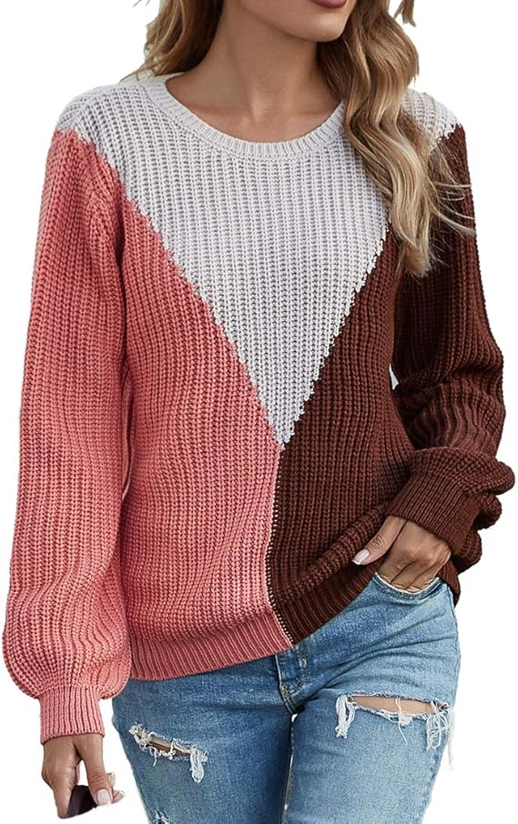 QJSZ Women Pullover Sweater Crew Neck Long Sleeve Color Matching Loose