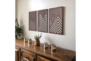 qmmp Modern Wooden Wall Sculptures - Set of 3 - Home Decor Accent - Large Wall Art for Living Room, Bedroom, Office - Easy Installation (Walnut, Medium - Mountain and Sun)