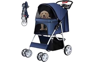 Azaeahom Pet Stroller, 4 Wheels Pet Strolling Cart for Medium/Small Dogs and Cats, Foldable Cat Jogger/Dog Stroller with Cup Holder, Storage Basket, Breathable Mesh, All-Season Pet Carrier, Navy Blue