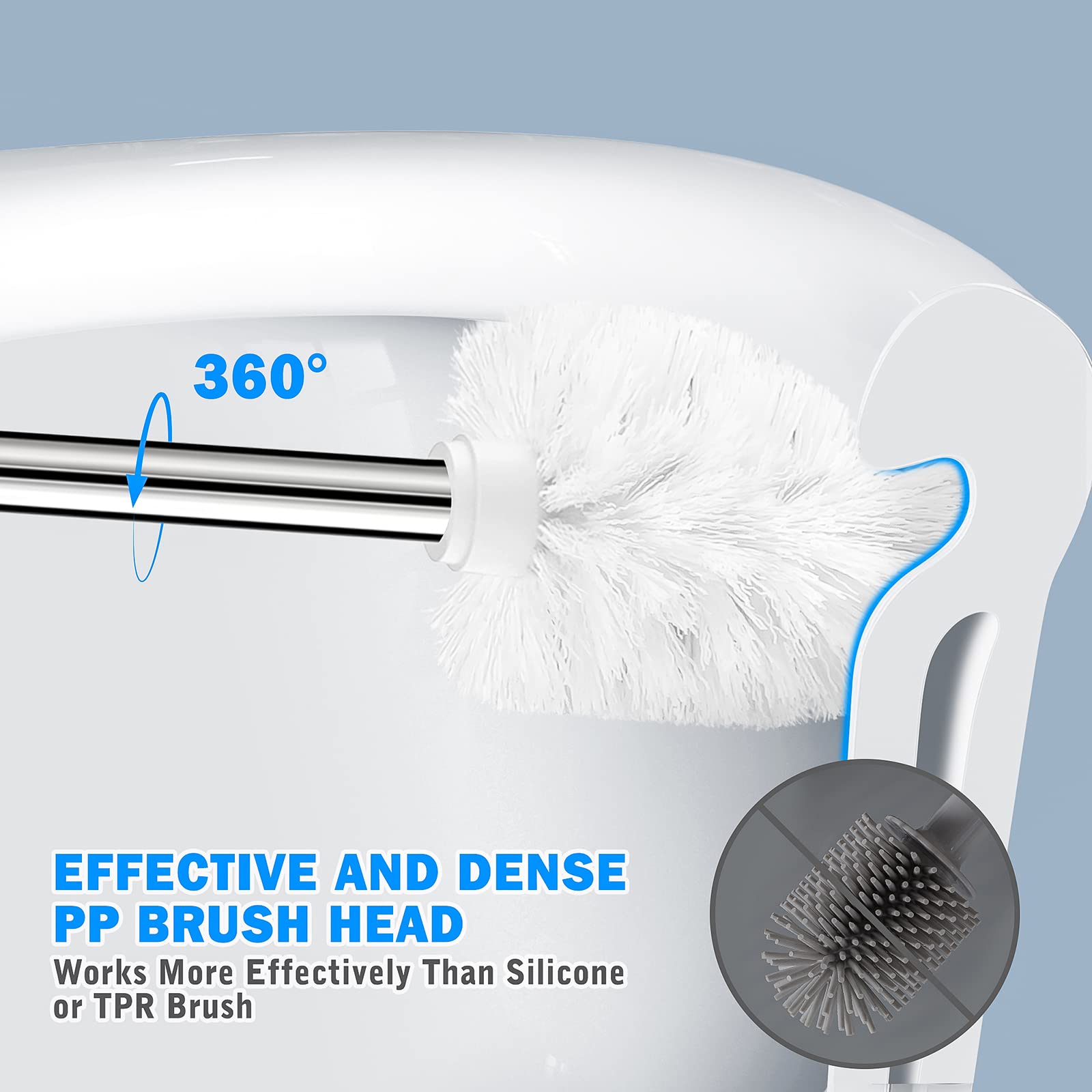Toilet Brush and Holder, 2 Pack Toilet Brush with 304 Stainless Steel Long Handle, Toilet Bowl Brush for Bathroom Toilet-Ergonomic, Elegant,Durable (White)
