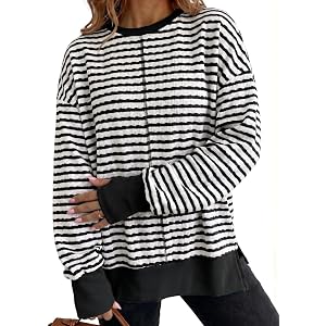 Dokotoo Womens Striped Side Slit Sweatshirt Loose 2026 Pullover Tops Shirts | 2026 Fall Winter Clothes，Long Sleeve,Casual Pul