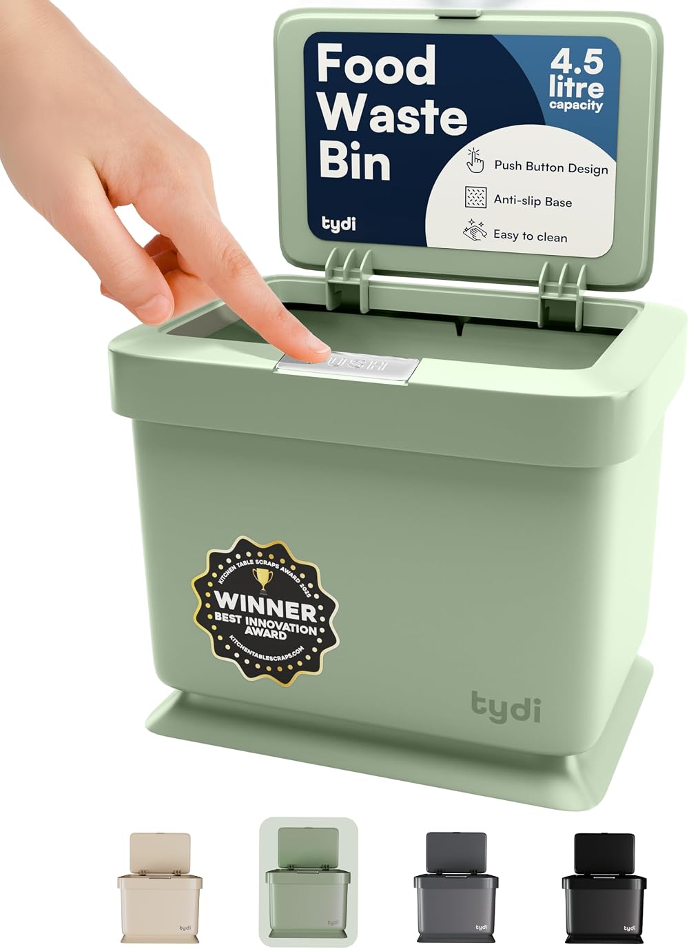 Tydi 4.5L Mint Food Waste Bin with Press-Button Lid Kitchen Compost Caddy