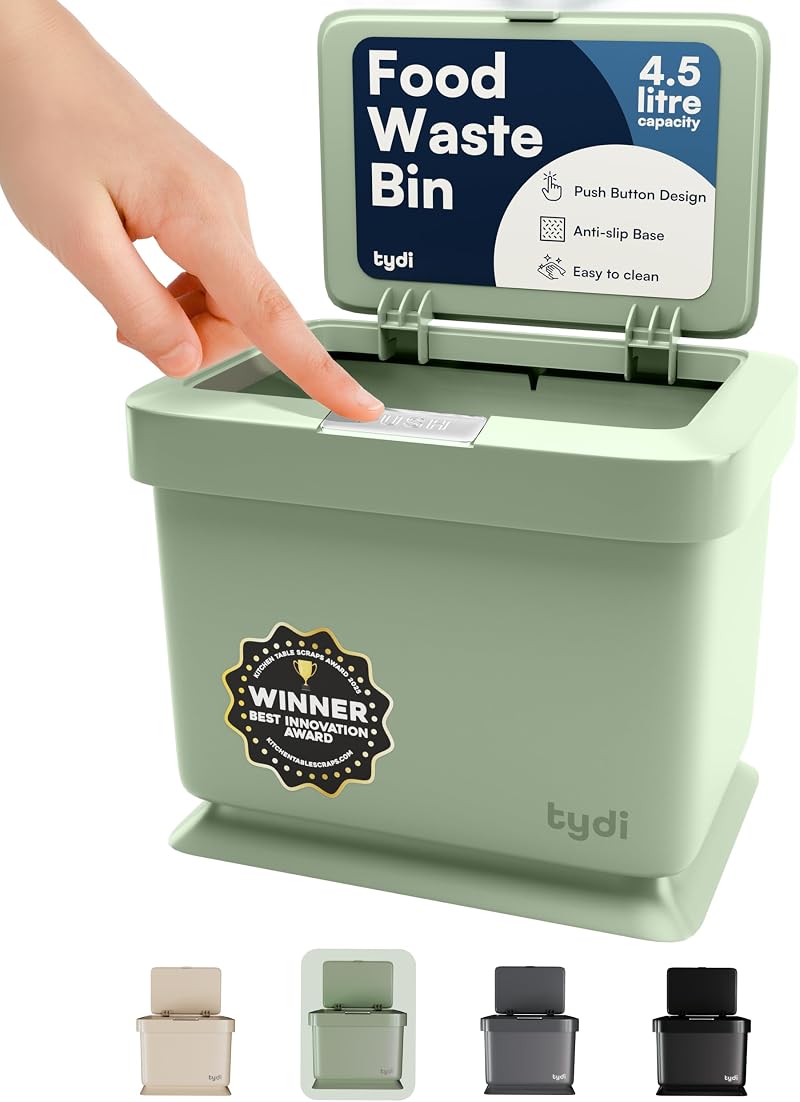 Tydi 4.5L Mint Food Waste Bin with Press-Button Lid Kitchen Compost Caddy