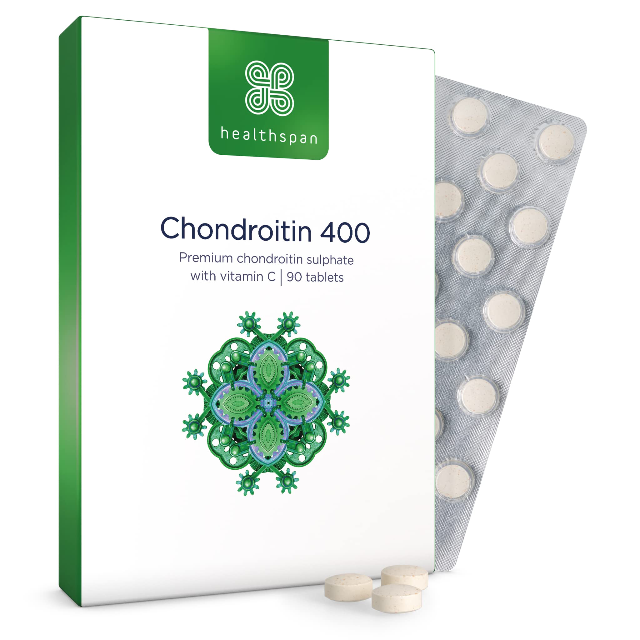 Healthspan Chondroitin (90 Tablets) | High Strength 90% Grade Chondroitin Sulphate | with Added Vitamin C to Support Healthy Bones and Joints | Gelatin Free