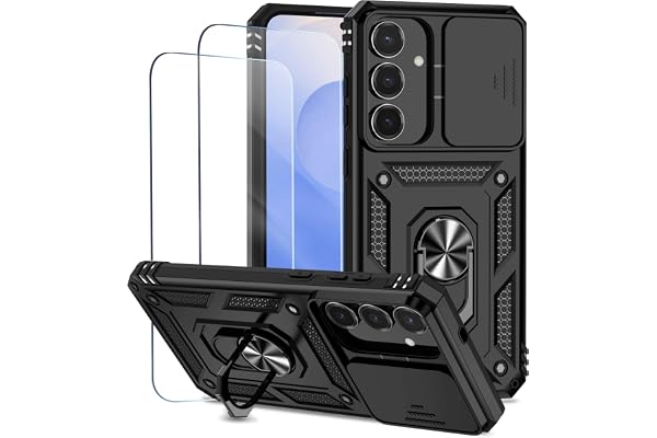 for Samsung Galaxy S25 FE Case Includes 2 Tempered Protective Films Cover with Sliding Camera Protection Window and Phone Sta