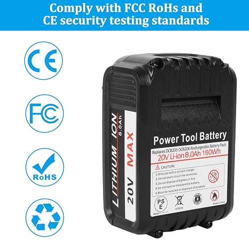 2-Pack 8.0Ah 20V Max Replacement Battery – Compatible With Dewalt DCB200, DCB204, DCB205, DCB206, DCB207 & All Dewalt 20V Tools And Chargers