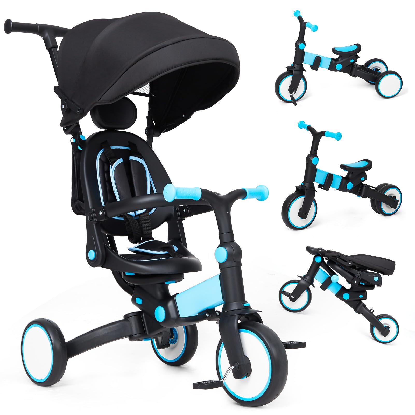 GAOMON 7 in 1 Baby Tricycle, Foldable Toddler Tricycle with Removable and Adjustable Parent Handle, Toddler Push Bike with Removable Pedal, Canopy, and Guardrail, Tricycle for 12-72 Months（Blue）
