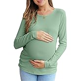 Women's Maternity Fall Tops Long Sleeve Crew Neck Ribbed Knit Slim Fitted Blouse Side Ruched Pregnancy Shirts