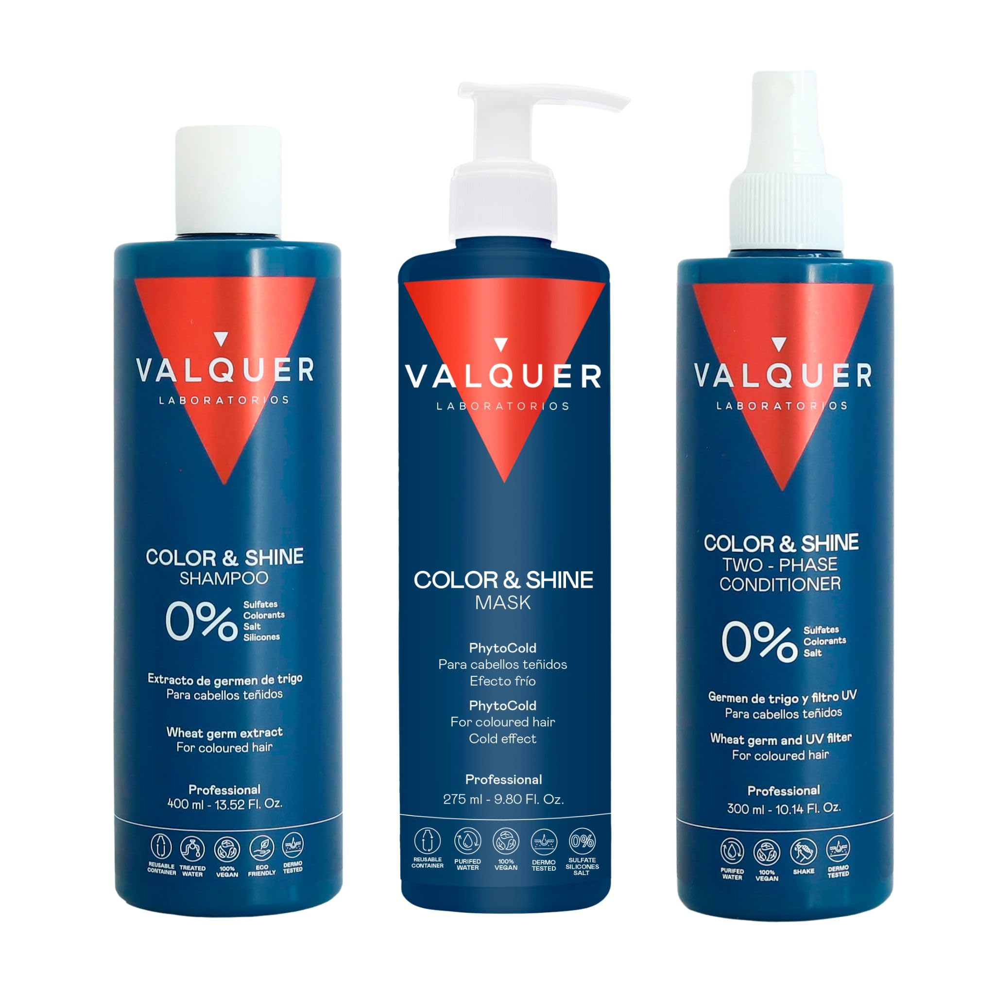 Valquer Color & Shine Enhancing Pack for Dyed Hair Hydrates and Revitalises. 0% Formula Shampoo 400 ml, Hair Mask 275 ml and Leave-in Conditioner 300 ml with Wheat Germ Extract. Vegan