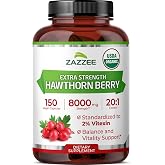 Zazzee USDA Organic Hawthorn Berry 20:1 Extract, 2% Vitexin, 150 Capsules | 5 Month Supply, Vegan, Crataegus Pinnatifida, Antioxidant &amp; Circulation Support, Herbal Supplement, Non-GMO, Made in the USA