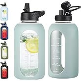 EALGRO 64 oz Glass Water Bottle With Straw and Handle, Half Gallon Sports Motivational Water Jug Flask with Silicone Sleeve, Large Water Cup with Time Marker for Travel, Gym, Sage