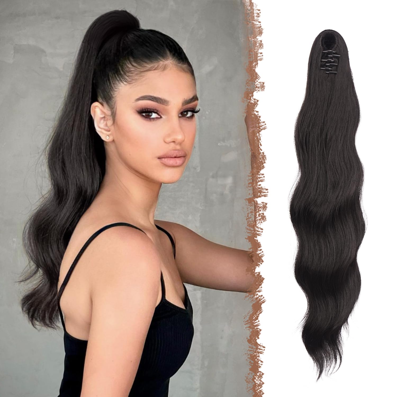 FESHFEN Ponytail Extensions 20 inch Long Wave Ponytail Claw Clip in Pony Tail Hair Extensions Wavy Ponytails with Claw Clip Synthetic Hairpieces for Women Girls Darkest Brown