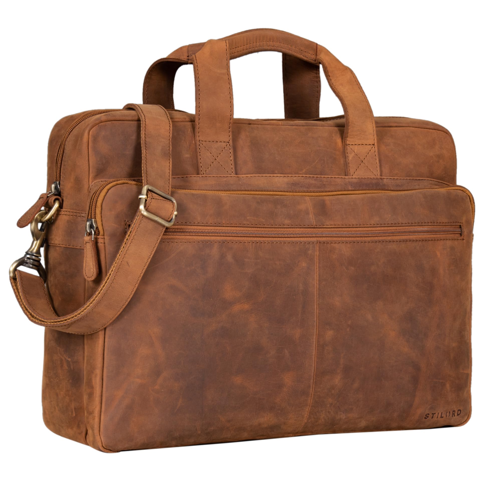 STILORD "Thompson" Briefcase Laptop Bag Leather for 15 Laptops Notebooks Vintage Work Bag Large Satchel Business Bag Shoulder Bag Attachable to Trolleys Colour:tan - Dark Brown