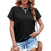 Tankaneo Women Short Cap Sleeve Tops Summer Casual Banded Sweatshirt Crew Neck Loose Fit T-Shirts