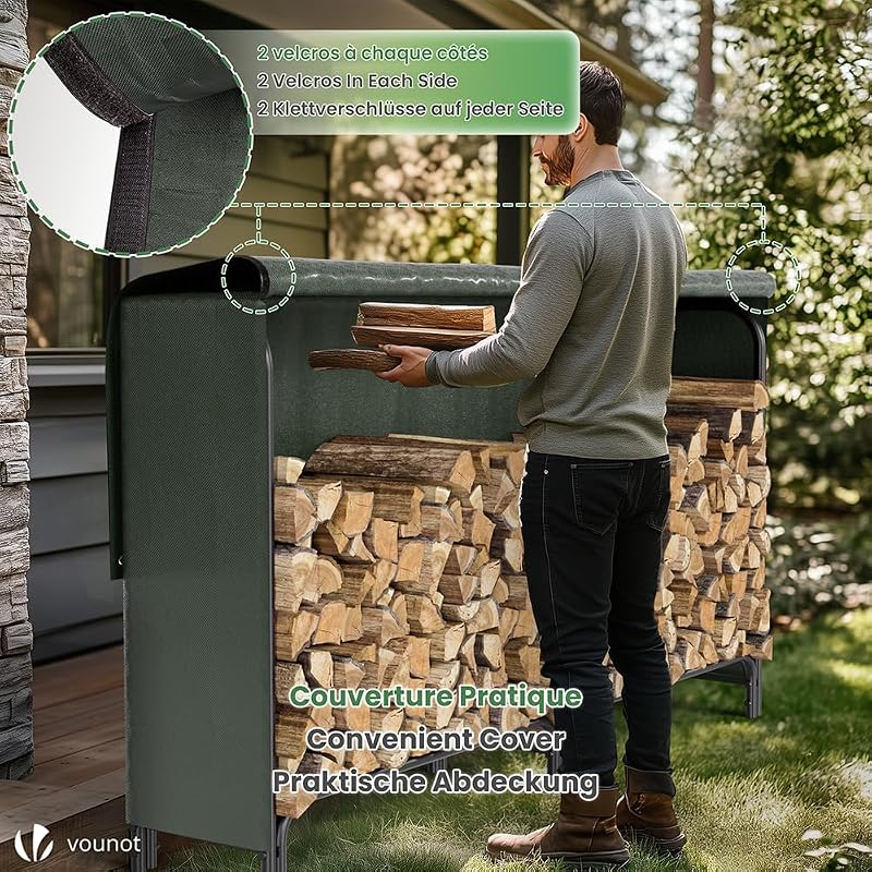 ® Soporte de Madera de 2 Metros | Estante de Registro de Chimenea | Registro de leña con Tapa Verde | Soporte de Almacenamiento de Madera para Interiores al Aire Libre — foto 4 de 8