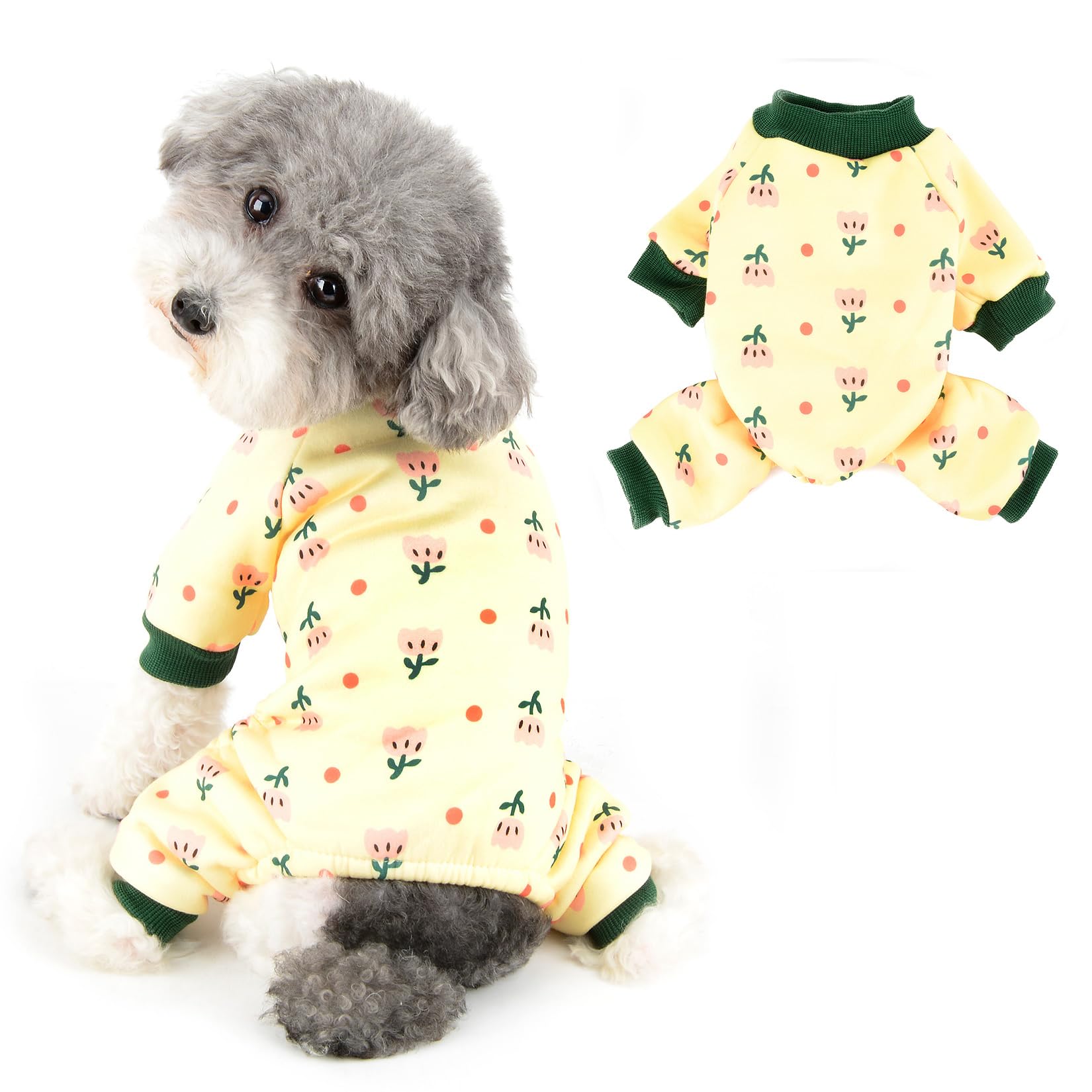 Ranphy Dog Pajamas for Small Dog Plain Fleece Pet Pjs with Floral Printed Soft Comfortable Puppy Pyjamas Autumn Winter Warm Pullover Chihuahua Yorkie Cat Apparel, Yellow, M