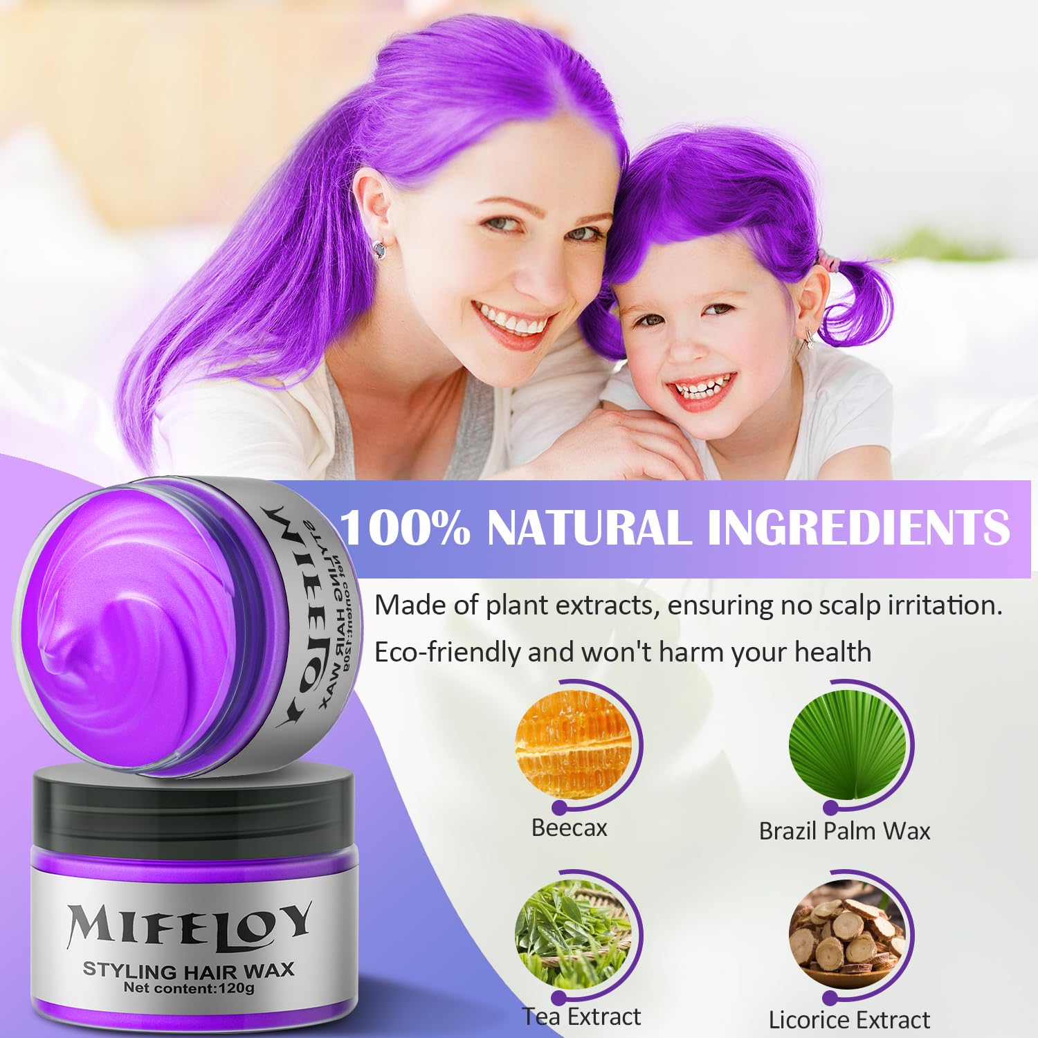 Purple Temporary Hair Color Wax, Instant Natural Violet Hairstyle Cream Dye, Washable Styling Pomades for Girls Women Youth, Disposable Coloring Mud for Party Cosplay DIY Halloween