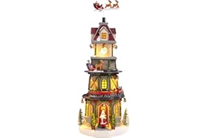 MUMTOP Christmas Village Clock Tower with Animated Reindeer, Light Up Bell Tower and Moving Train with Music for Indoor Holiday Xmas Tabletop Decor