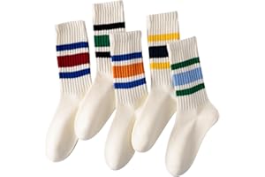 DarkCom Striped Crew Socks 5 Pairs Seamless Toe for Men and Women, Color of Light Cream, Casual Comfort
