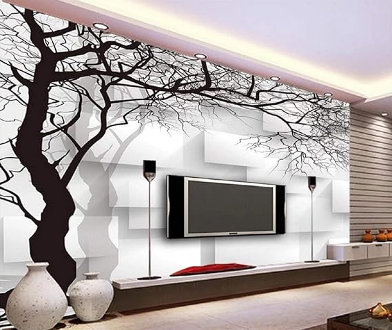 Fototapete 3D Effekt Tapete Handgezeichnete Schwarze Und Weiße Wand Abstrakte Baum Vliestapete 3D Wallpaper Moderne Wanddeko 