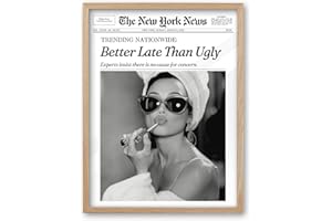 iHery Natural OAK Wood Audrey Hepburn Newspaper Trendy Framed Wall Art, 12x16 in Vintage Headline Canvas Bedroom Wall Decor, Better Late Than Ugly,Bathroom Artwork Apartment Girly Dorm Room 1Pack