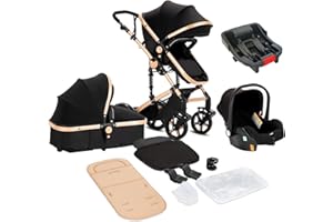 Sianldcone 3 in 1 Baby Stroller Travel System Combo Set, Reversible Convertible Infant Stroller with One-Click Folding, Toddler Newborn Pram Carriage with Aluminum Frame (UD588-BLACKGOLD with Base)