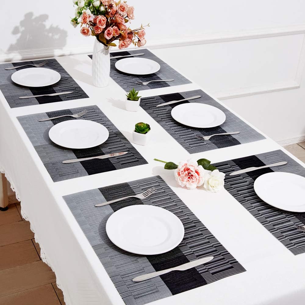 DOLOPL Placemat Placemats Waterproof Black and Gray Placemats Set of 6 Woven Vinyl Laminated Table Mat Easy to Clean Heat Resistant Wipeable Spring Placemats for Dining Table: Home & Kitchen