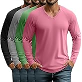 Velvelhall 4 Pcs Mens Long Sleeve V Neck Shirts Raglan Sleeve Curved Hem Tees Lightweight Casual Basic Workout T Shirts