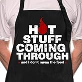 Rosoz Funny BBQ Black Chef Aprons for Men, Hot Stuff Coming Through, Adjustable Kitchen Cooking Aprons with Pocket Waterproof Oil Proof Valentine's Day/Birthday