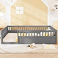 ROOMTEC Full Size Montessori Floor Bed with Fence, Wood Kids Floor Beds Frame for Children Bedroom, Kids Playroom, Gray