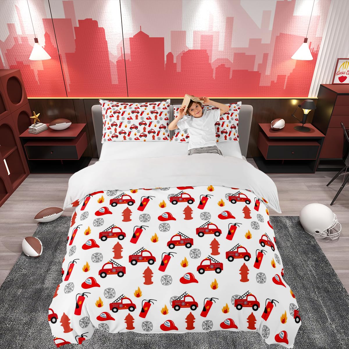 Loussiesd Kids Fire Truck Toddler Bedding Set Red Fire Fighting Truck Duvet Cover Boys Fireman Car Vehicles Comforter Cover Cartoon Fire Engine Ladder Helmet Quilt Cover 3Pcs Double Size