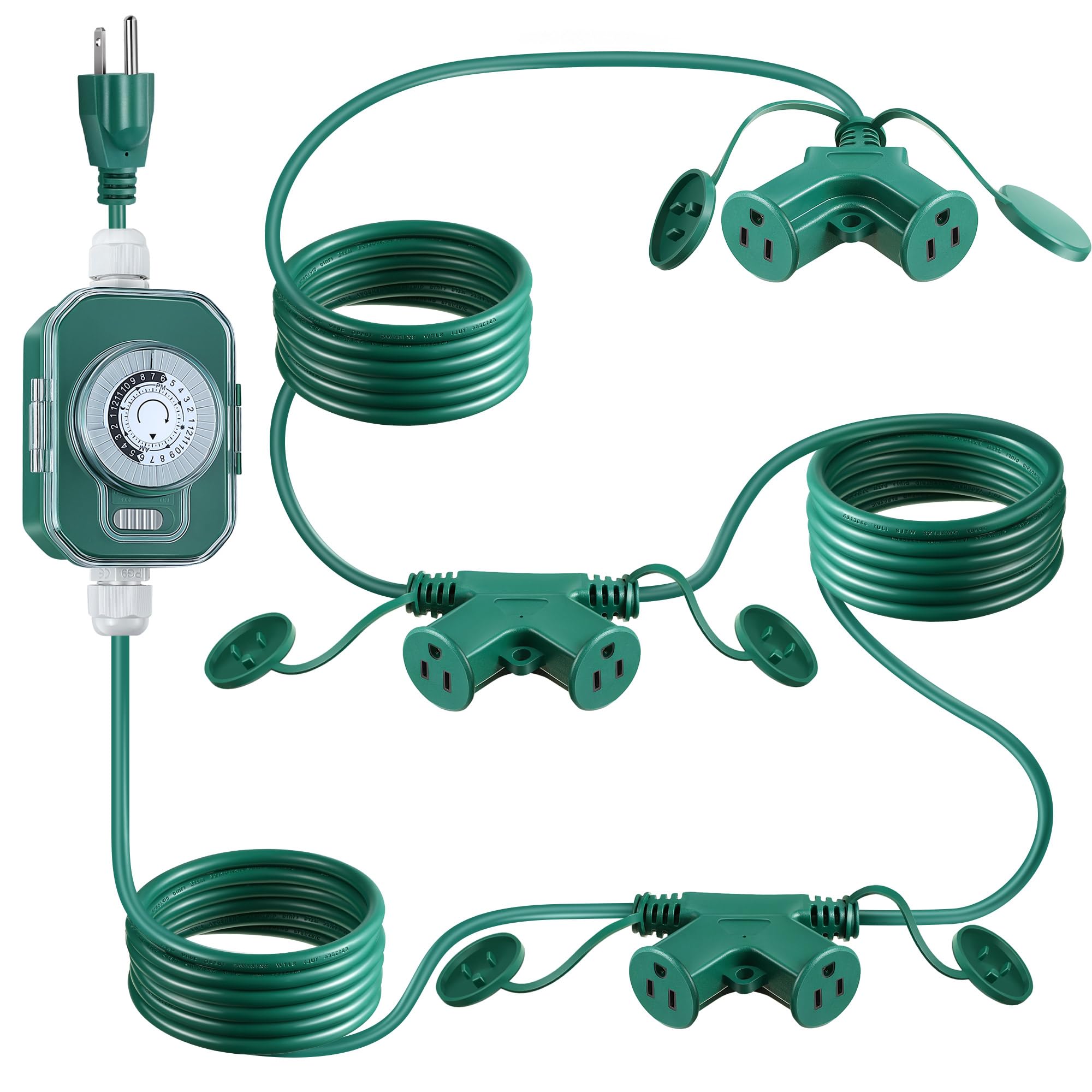 Photo 1 of Feekoon 30 FT Outdoor Extension Cord with Mechanical Timer and 6 Outlet Plugs, 16AWG SJTW Green Power Cord with Safety Cover Heavy Duty Electric Flexible Cord for Outdoor Light Christmas Decoration
